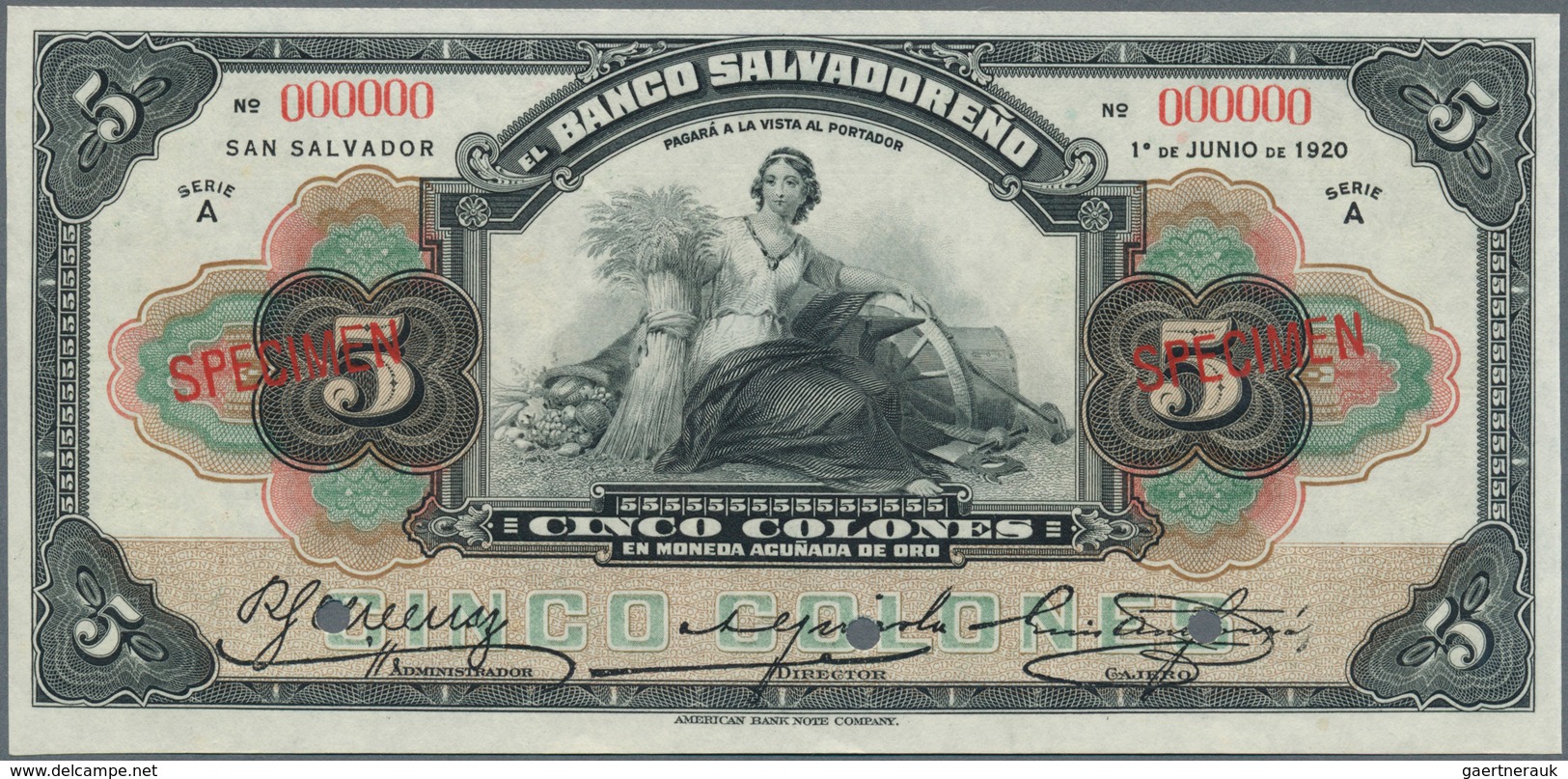 El Salvador: Banco Salvadoreño 5 Colones 1920 SPECIMEN, P.S213s, Punch Hole Cancellation At Lower Ma - Salvador