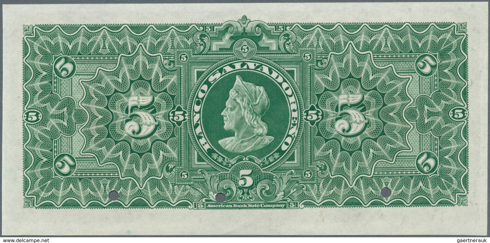 El Salvador: Banco Salvadoreño 5 Colones 1920 SPECIMEN, P.S213s, Punch Hole Cancellation At Lower Ma - Salvador