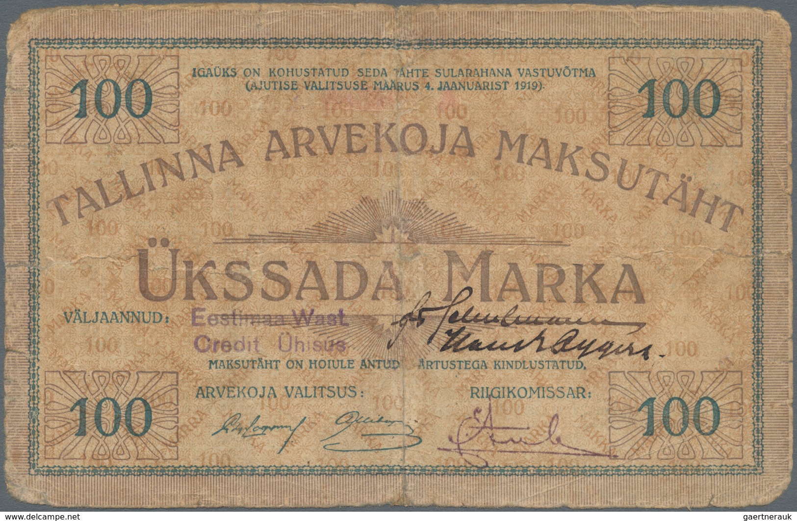 Estonia / Estland: Tallinna Arvekoja 100 Marka 1919, P.A3a, Highly Rare Note In Still Nice Condition - Estland