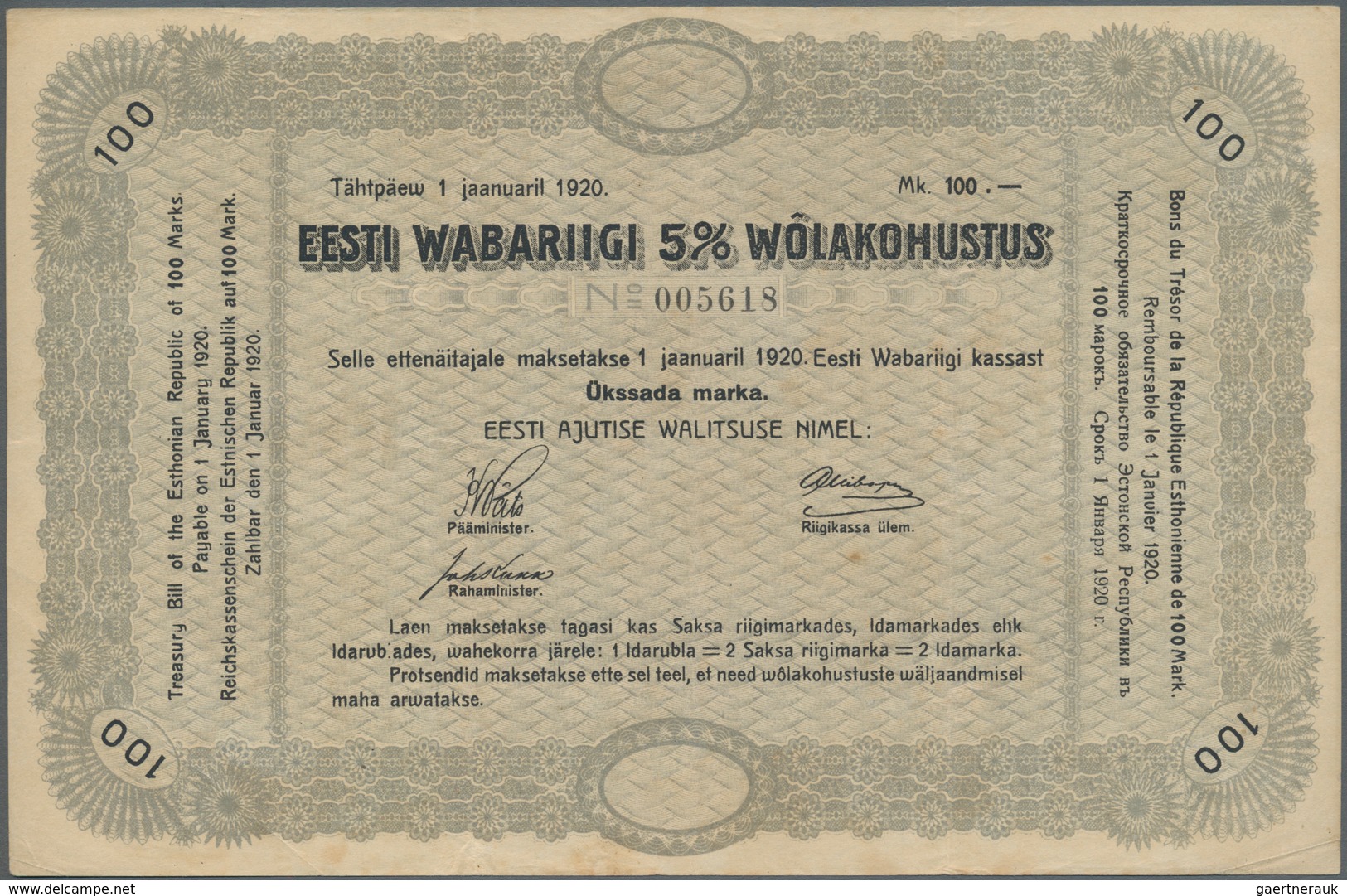 Estonia / Estland: Estonian Republic 5% Interest Debt Obligations 100 Marka Dated January 1st 1920, - Estland