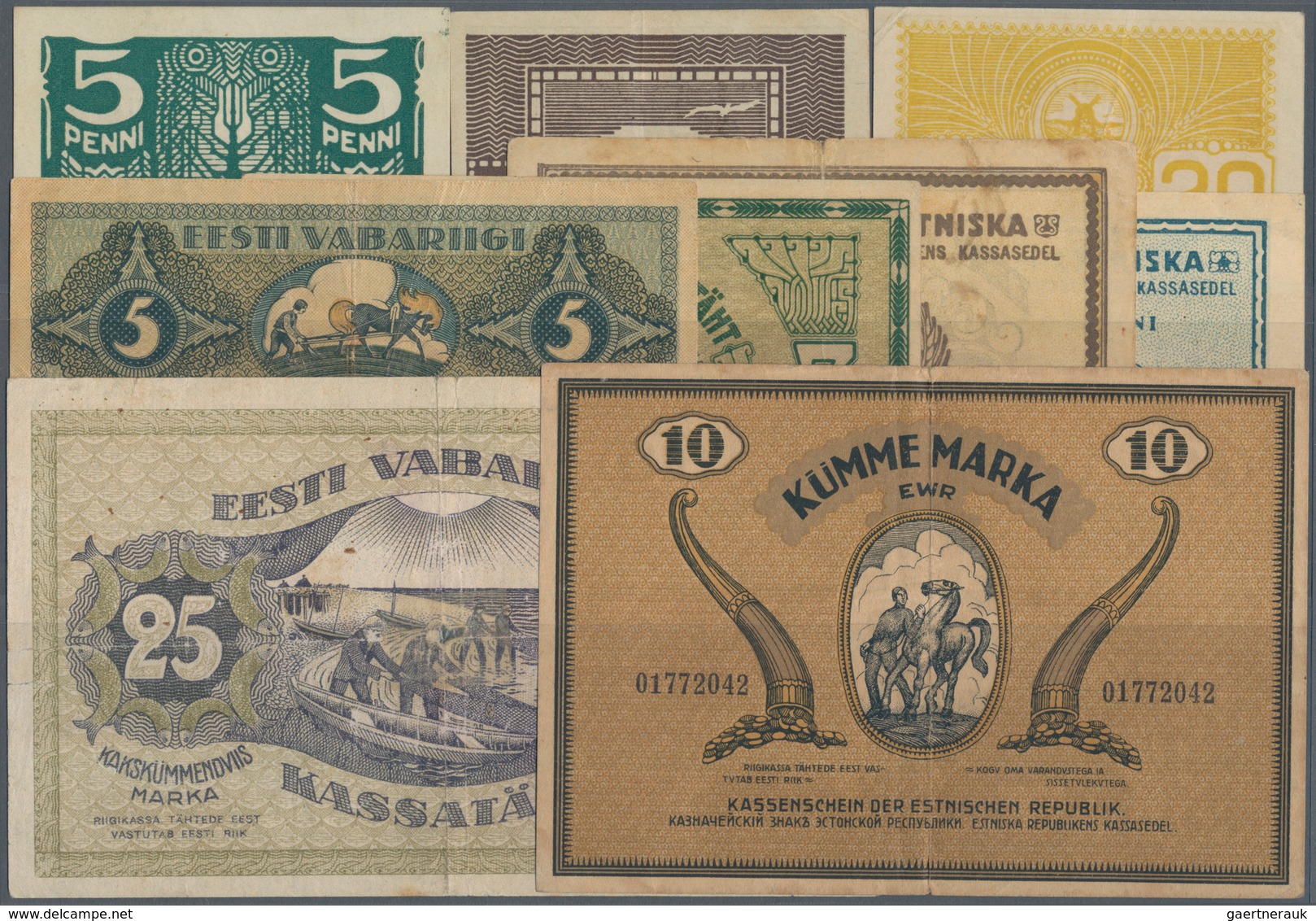 Estonia / Estland: Very Nice Set With 9 Banknotes 5, 10, 20 And 50 Penni ND(1919), 1, 3, 5, 10 And 2 - Estland