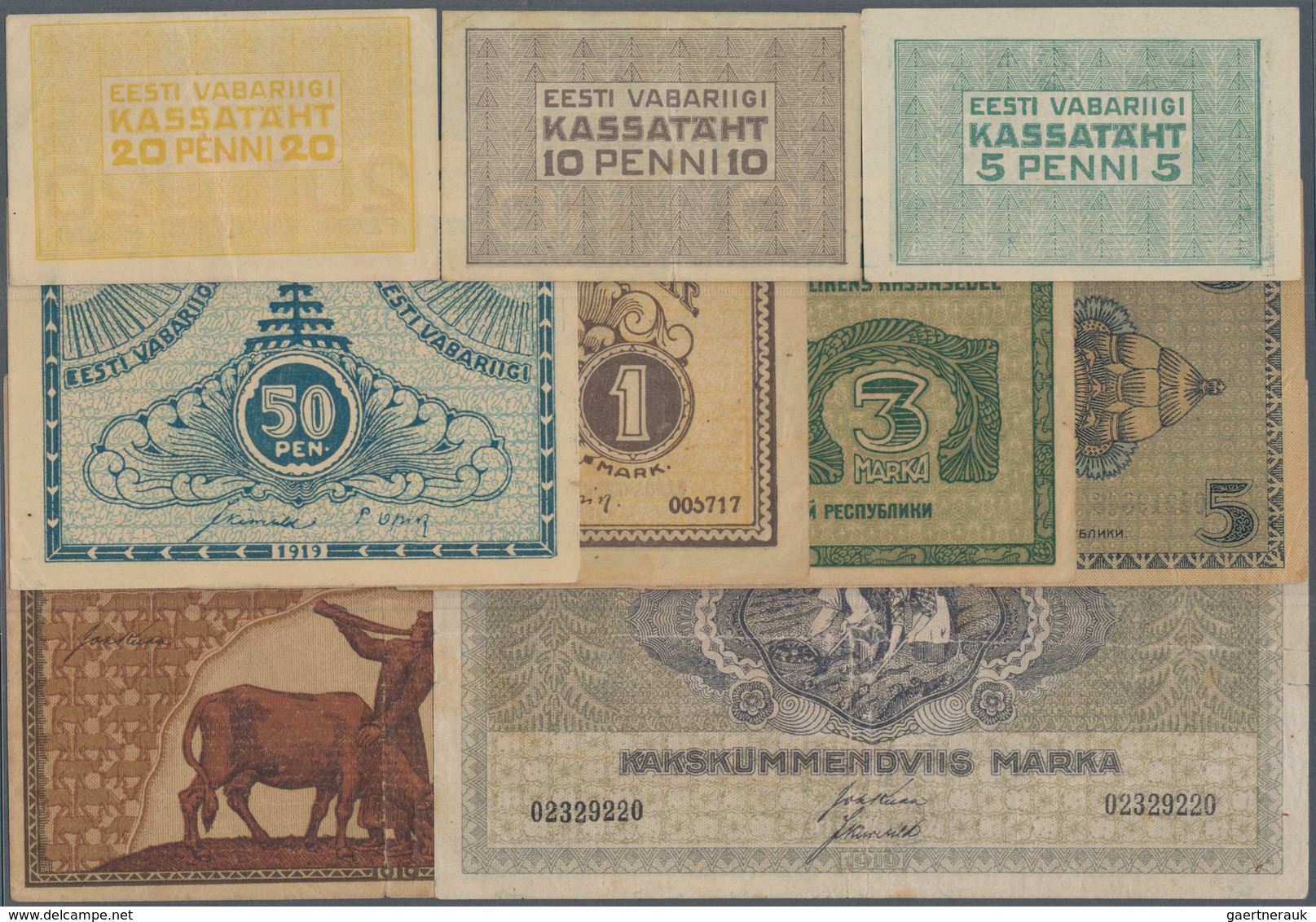 Estonia / Estland: Very Nice Set With 9 Banknotes 5, 10, 20 And 50 Penni ND(1919), 1, 3, 5, 10 And 2 - Estland