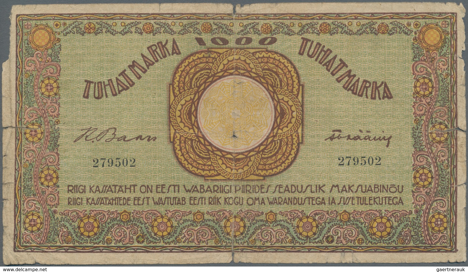 Estonia / Estland: 1000 Marka ND(1920-21) Without Serial # Prefix, P.50aextraordinary Rare Banknote - Estland