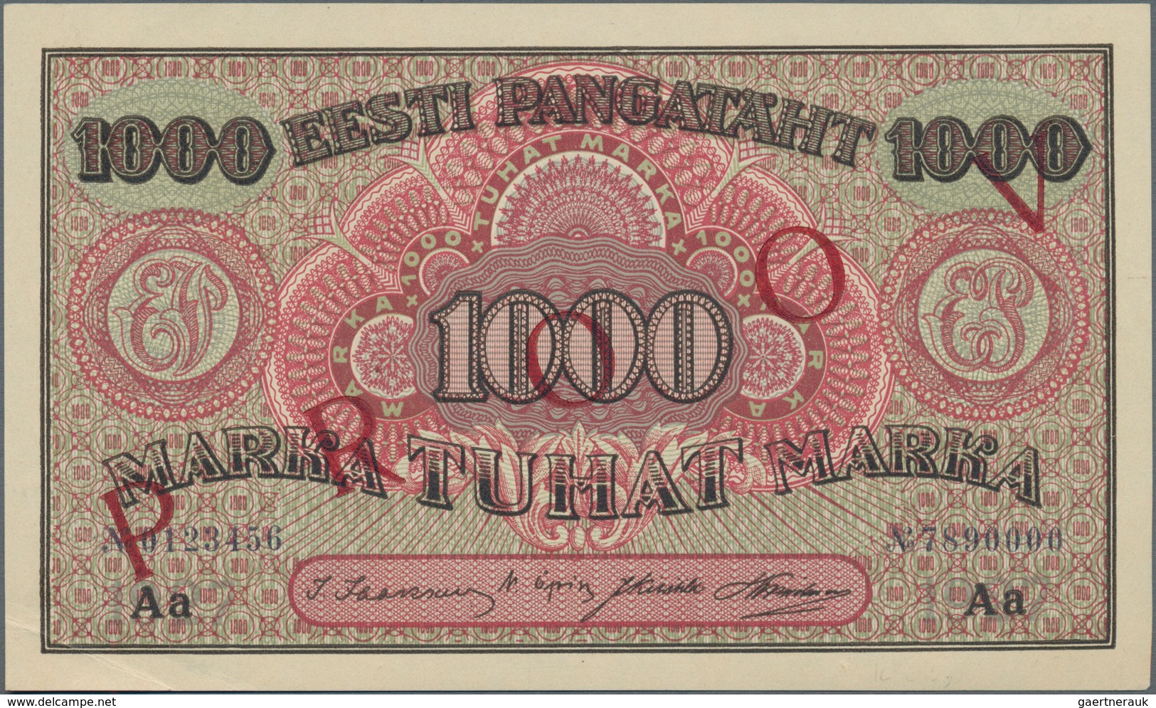 Estonia / Estland: 1000 Marka ND(1922) Front Specimen With Red Overprint "PROOV" And Serial Number 0 - Estonie