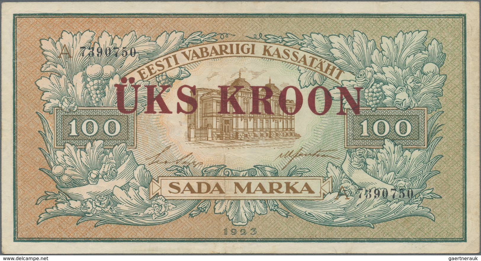 Estonia / Estland: 1 Kroon Overprint On 100 Marka 1923 (1928), P.61, Still Nice With A Few Vertical - Estland