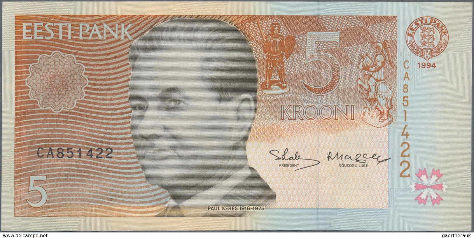 Estonia / Estland: Lot with 5 Banknotes series 1994 with 5, 10, 50, 100 and 500 Krooni, P.76a-80a, a