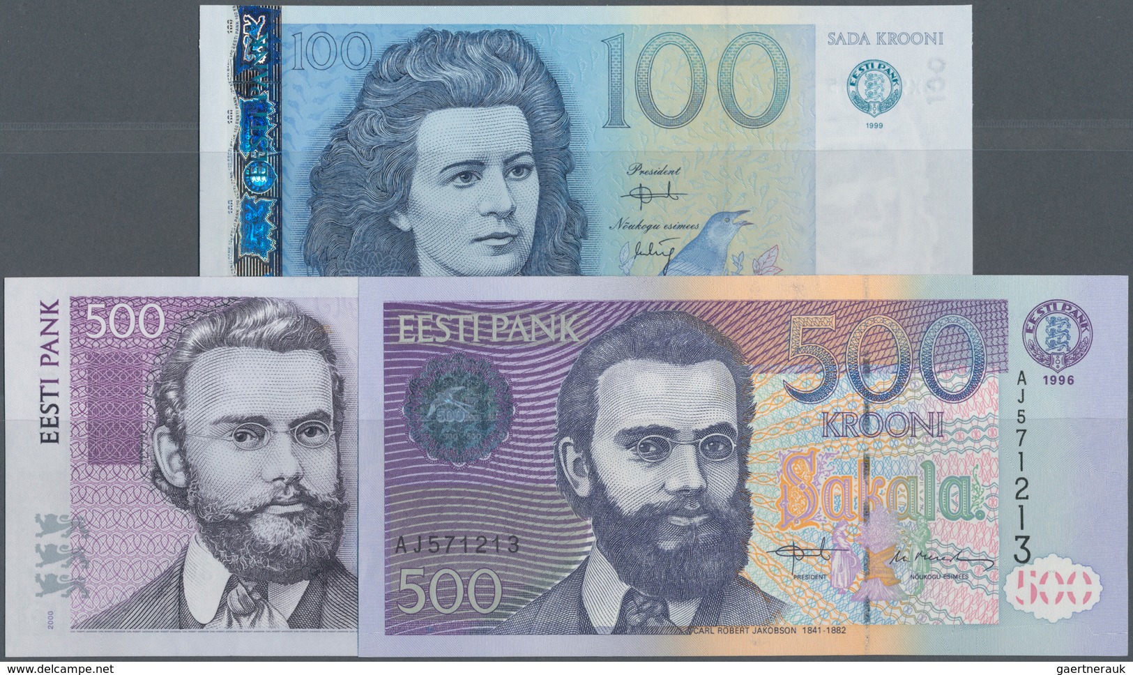 Estonia / Estland: Very Nice Set With 100 Krooni 1999, 500 Krooni 1996 And 500 Krooni 2000, P.81a-83 - Estonia