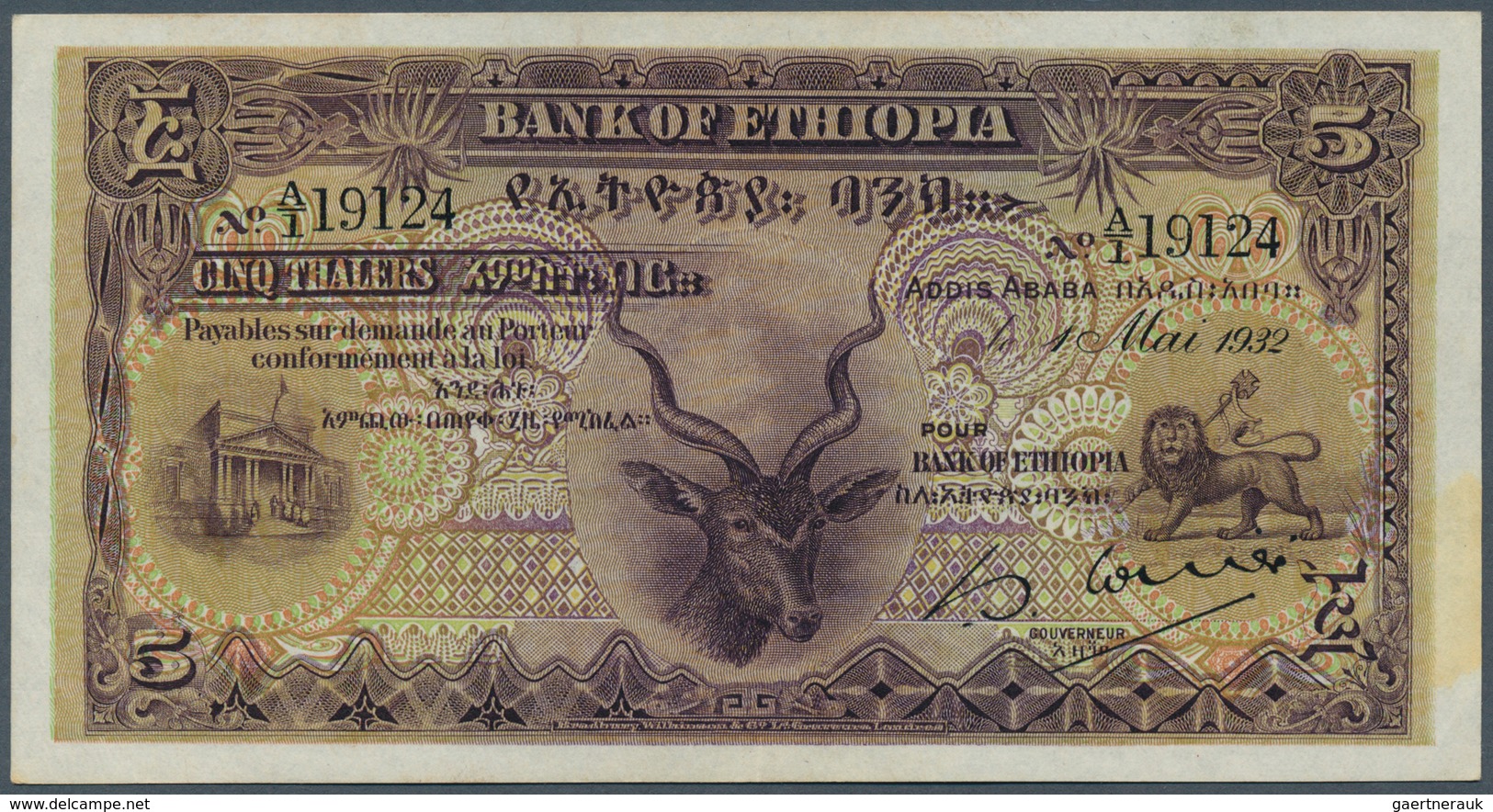 Ethiopia / Äthiopien: 5 Thalers 1932, P.7, Very Nice Looking Note With A Very Soft Vertical Bend, So - Ethiopië