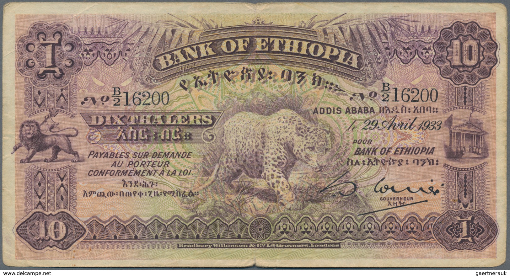 Ethiopia / Äthiopien: 10 Thaler 1933 P. 8, Used With Folds And Light Stain In Paper, No Holes, Still - Etiopía