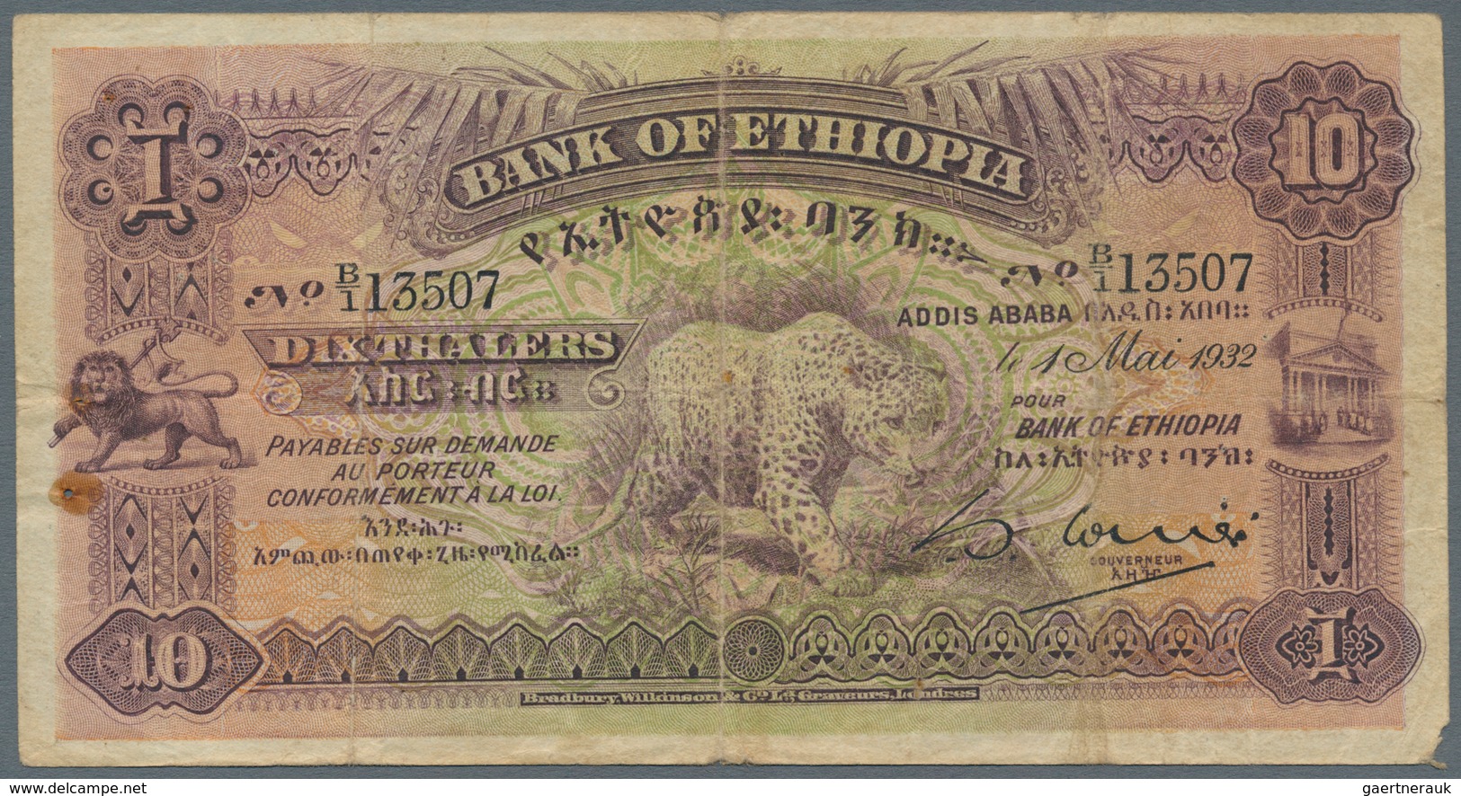 Ethiopia / Äthiopien: 10 Thalers 1932, P.8, Still Nice And Rare Note With Tiny Margin Splits, Rusty - Ethiopie