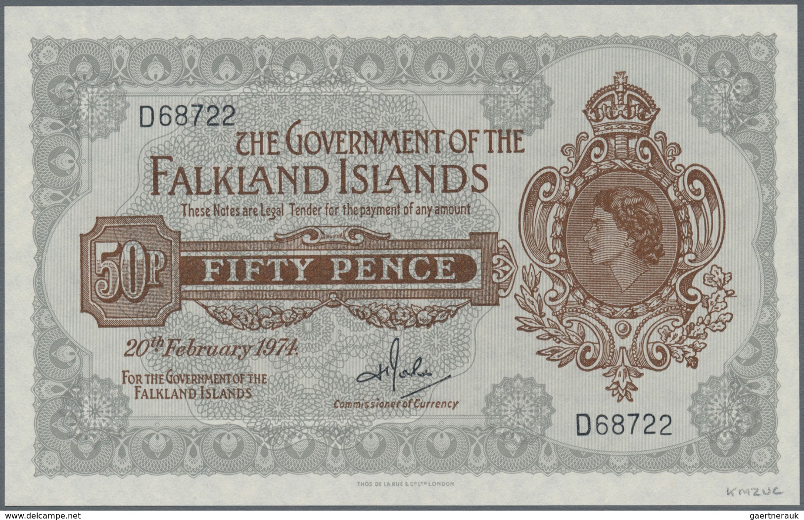 Falkland Islands / Falkland Inseln: 50 Pence 20.02.1974 P. 10b, Portrait QEII At Right, S/N D68722, - Islas Malvinas