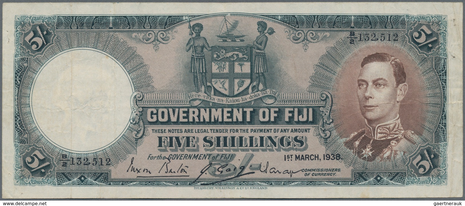 Fiji: 5 Shillings 1938 P. 37b, Used With Light Folds In Paper But No Holes Or Tears, Still Crispness - Fidschi