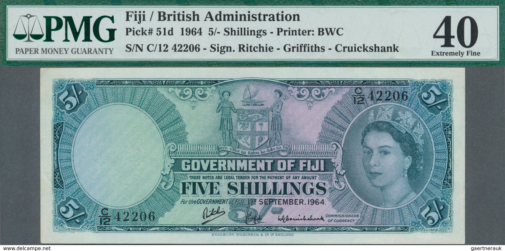 Fiji: 5 Shillings 1964, P.51d, Very Nice And Attractive Note With A Few Minor Spots, PMG Graded 40 E - Fidschi