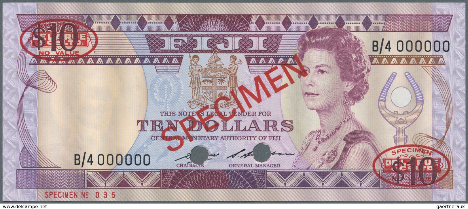 Fiji: 10 Dollars ND Specimen P. 84s With Red "Specimen" Overprint At Center On Front And Back, 2 Ova - Fidschi