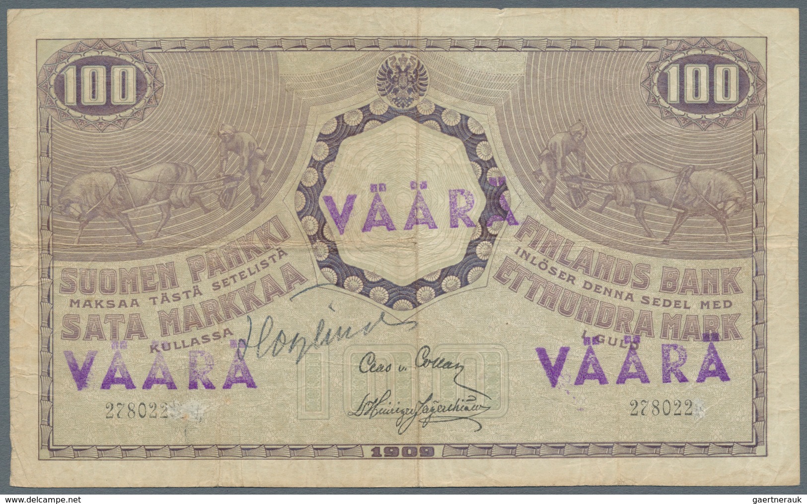 Finland / Finnland: 100 Markkaa 1909 Contemporary Forgery With Stamp "VÄÄRÄ" (forgery) On Front, P.2 - Finnland