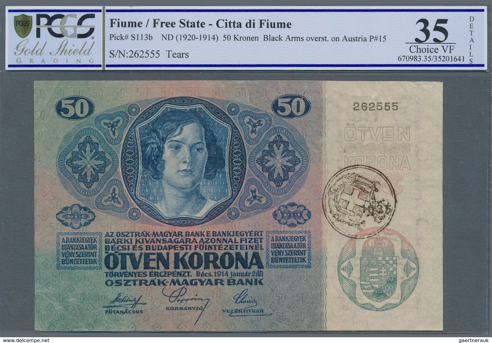 Fiume: 50 Kronen ND(1920) Ovpt. On Austria #15, P.S113b, Small Tear At Upper Margin, PCGS Graded 35 - Andere - Europa