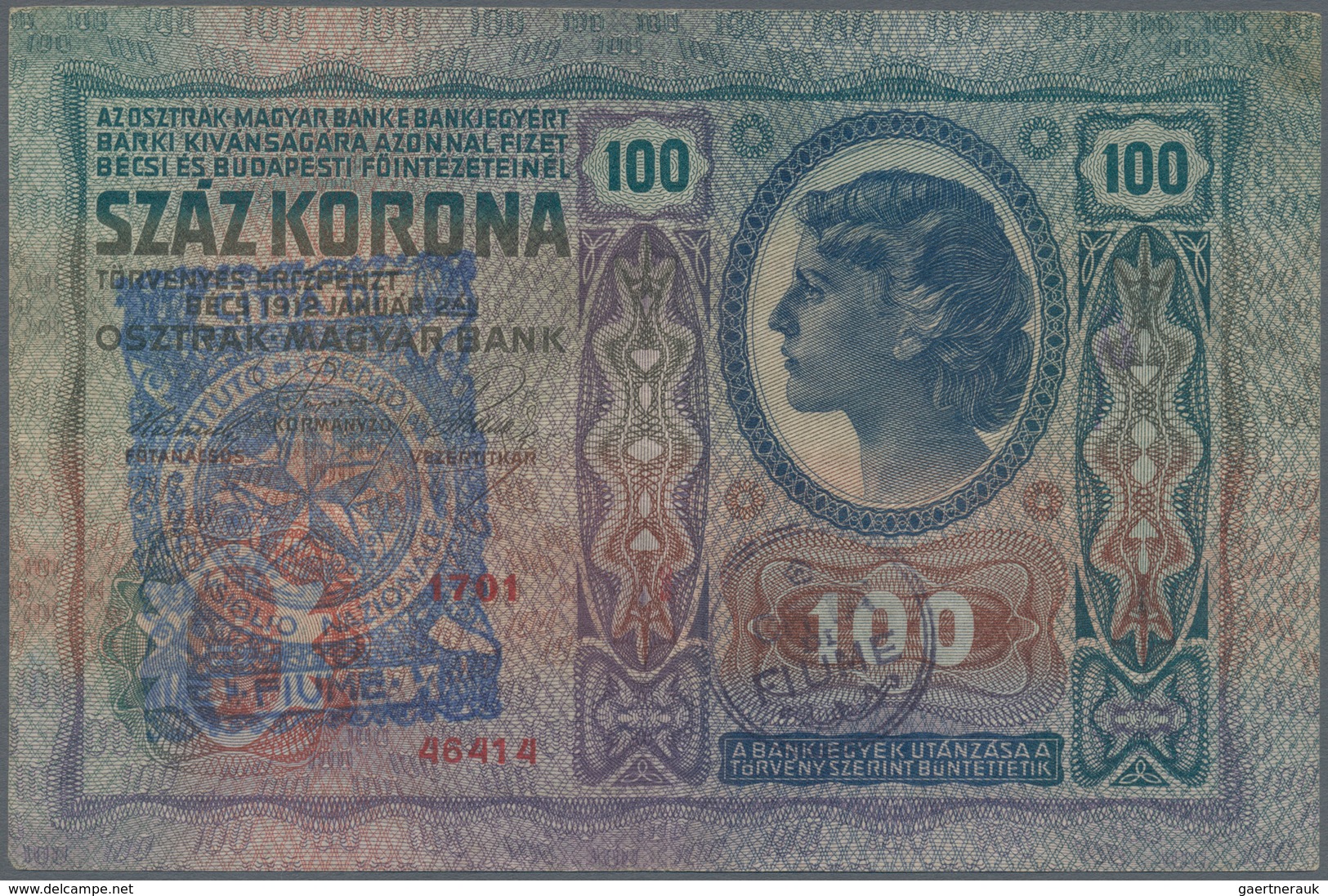 Fiume: 100 Korona 1912 Austria-Hungary With Overprint "Fiume" At Left, Used With Light Vertical And - Otros – Europa