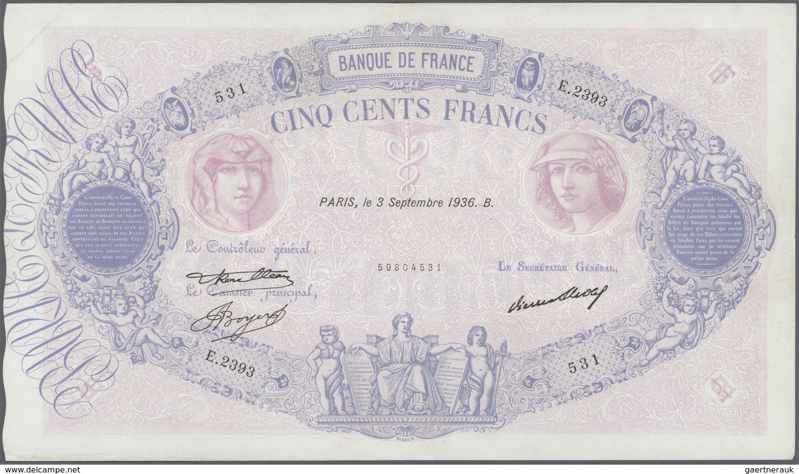 France / Frankreich: 500 Francs 1936 P. 66, Used With Folds, Minor Pinholes, Pressed But No Tears, N - Altri & Non Classificati