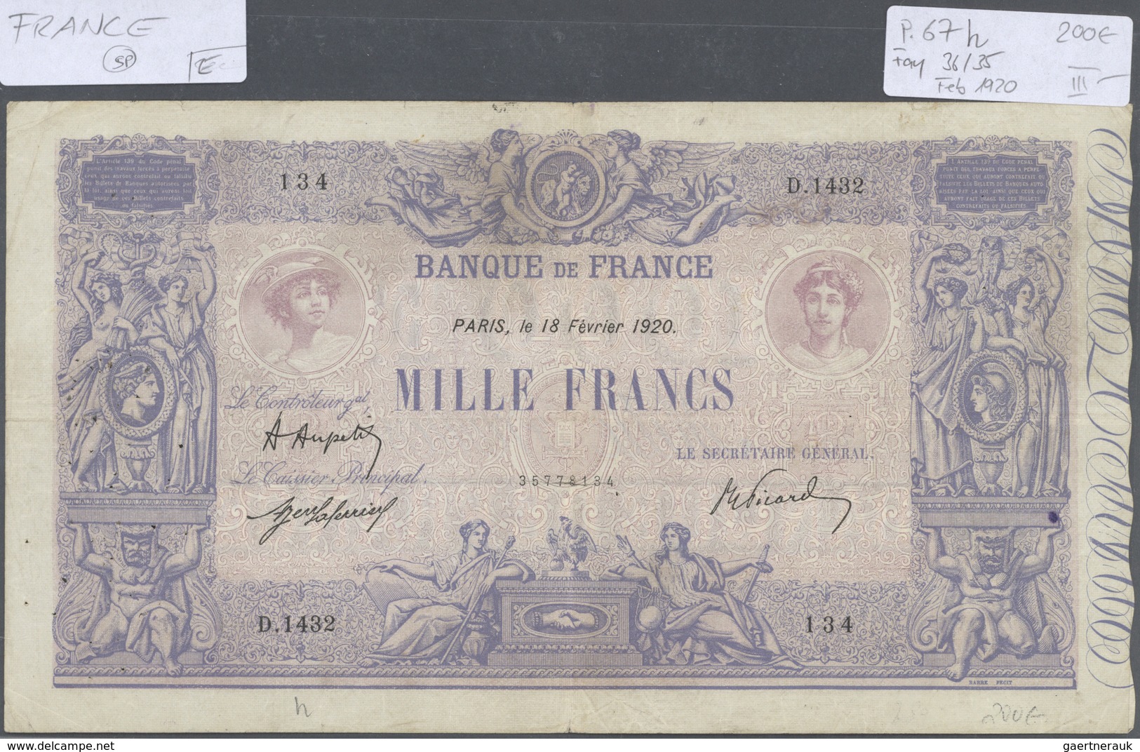France / Frankreich: set of 12 large size banknotes containing 500 Francs 1920 P. 66h (F), 500 Franc
