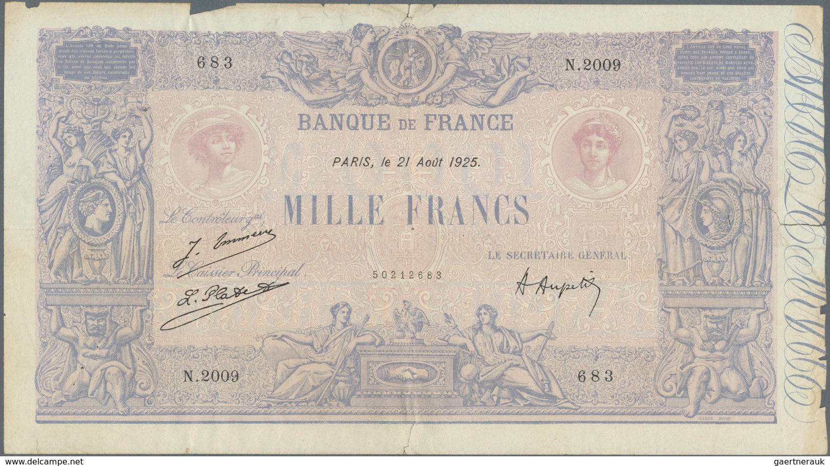 France / Frankreich: Set Of 2 Notes 1000 Francs 1919 And 1925 P. 67h,j, Both In Used Condition With - Otros & Sin Clasificación