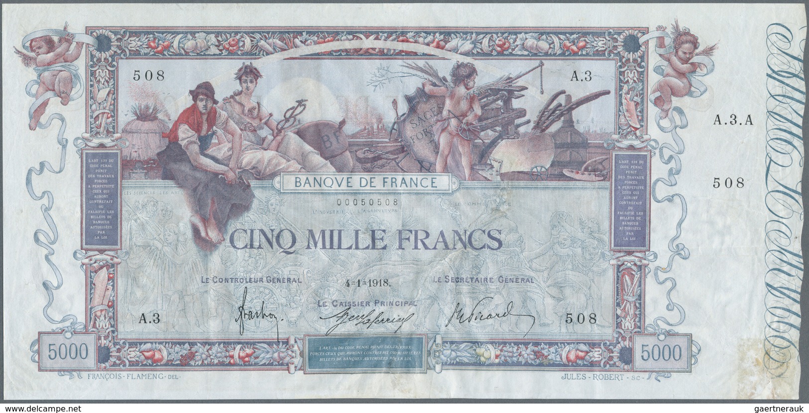 France / Frankreich: Rare And Beautiful Note 5000 Francs 1918 "FLAMENG" P. 76, With Very Crisp Origi - Sonstige & Ohne Zuordnung