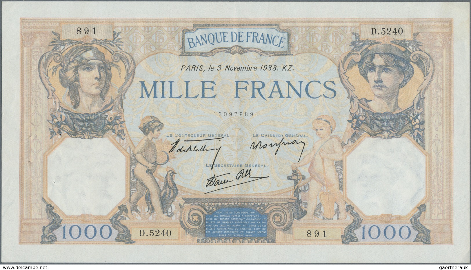 France / Frankreich: Set Of 3 Nearly Consecutive Notes Of 1000 Francs 1938 P. 90, S/N 130978891, -89 - Andere & Zonder Classificatie