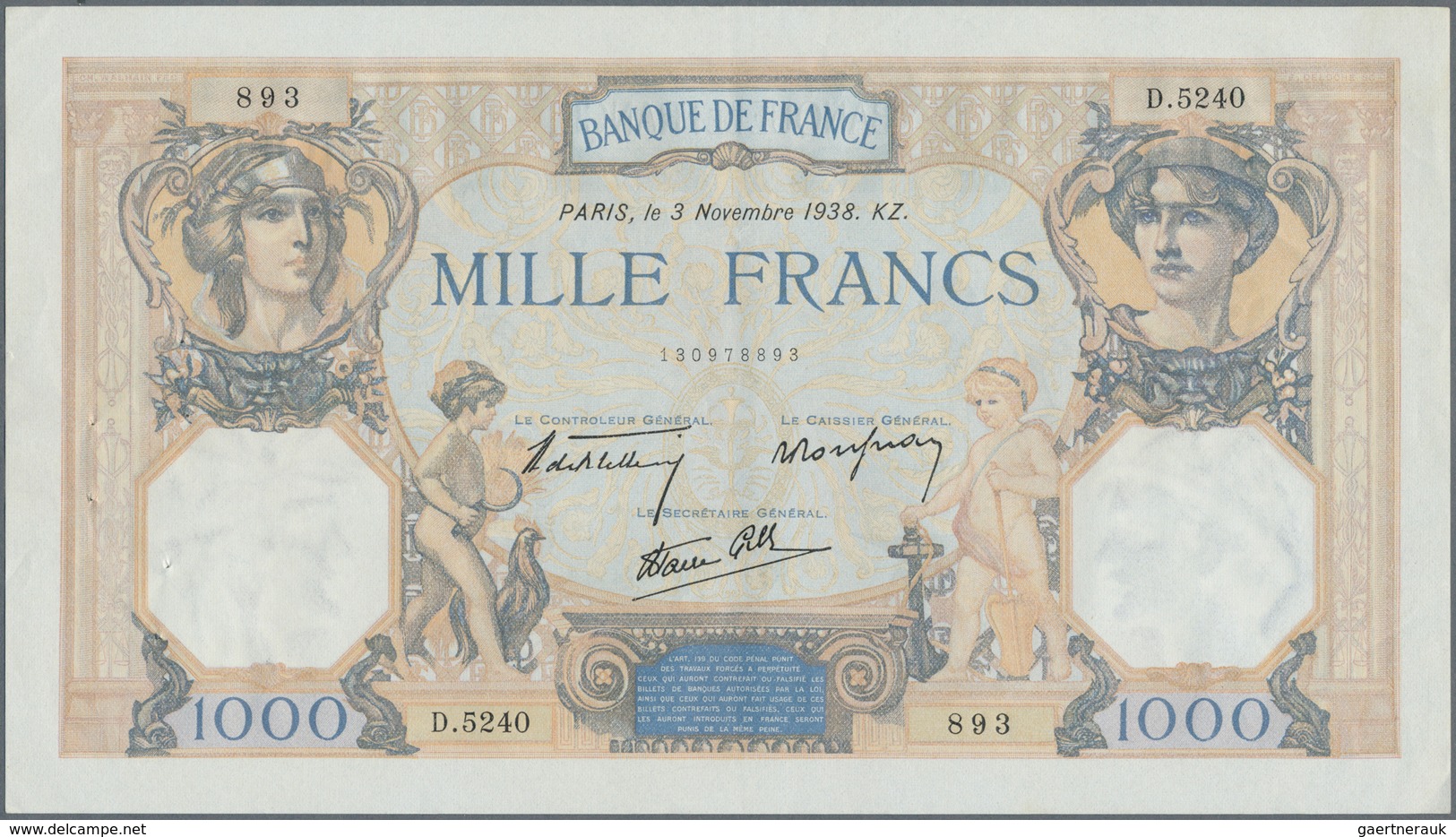 France / Frankreich: Set Of 3 Nearly Consecutive Notes Of 1000 Francs 1938 P. 90, S/N 130978891, -89 - Autres & Non Classés