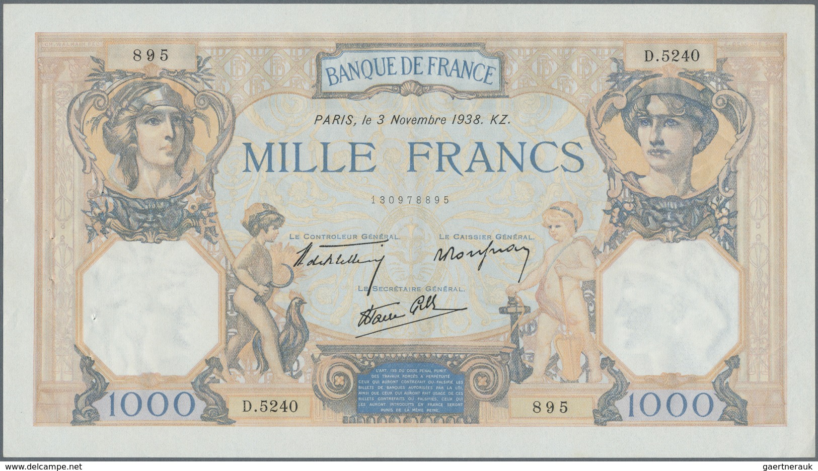 France / Frankreich: Set Of 3 Nearly Consecutive Notes Of 1000 Francs 1938 P. 90, S/N 130978891, -89 - Autres & Non Classés