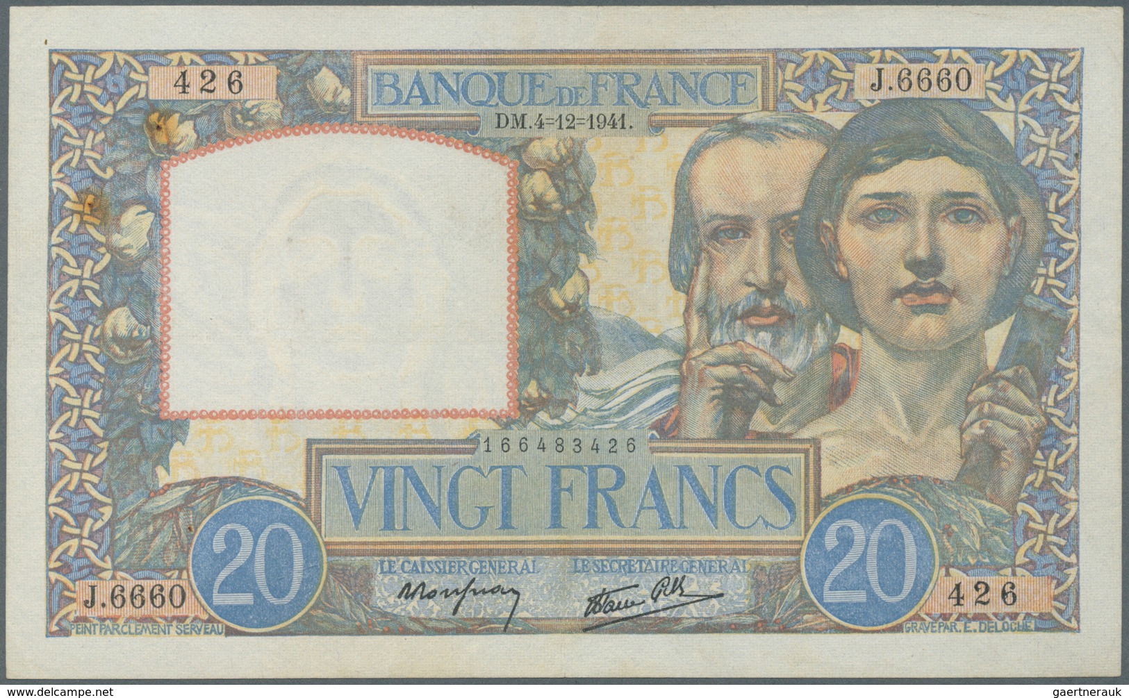 France / Frankreich: 20 Francs 04.12.1941 P. 92b, Light Folds In Paper, Washed And Pressed Even It W - Otros & Sin Clasificación