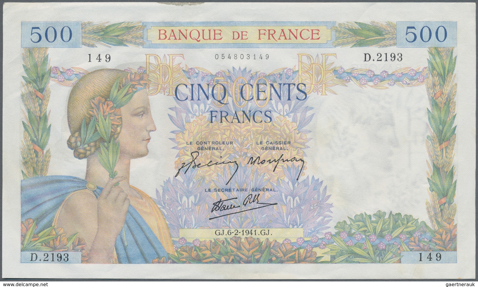 France / Frankreich: Set Of 44 MOSTLY CONSECUTIVE Notes 500 Francs "La Paix" 1941, From S/N 05480314 - Otros & Sin Clasificación