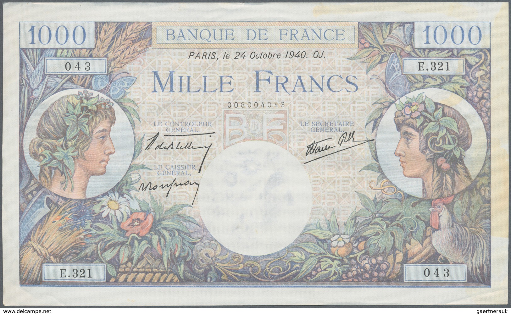 France / Frankreich: Set Of 9 MOSTLY CONSECUTIVE Notes 1000 Francs "Commerce & Industrie" 1940-44 P. - Andere & Zonder Classificatie
