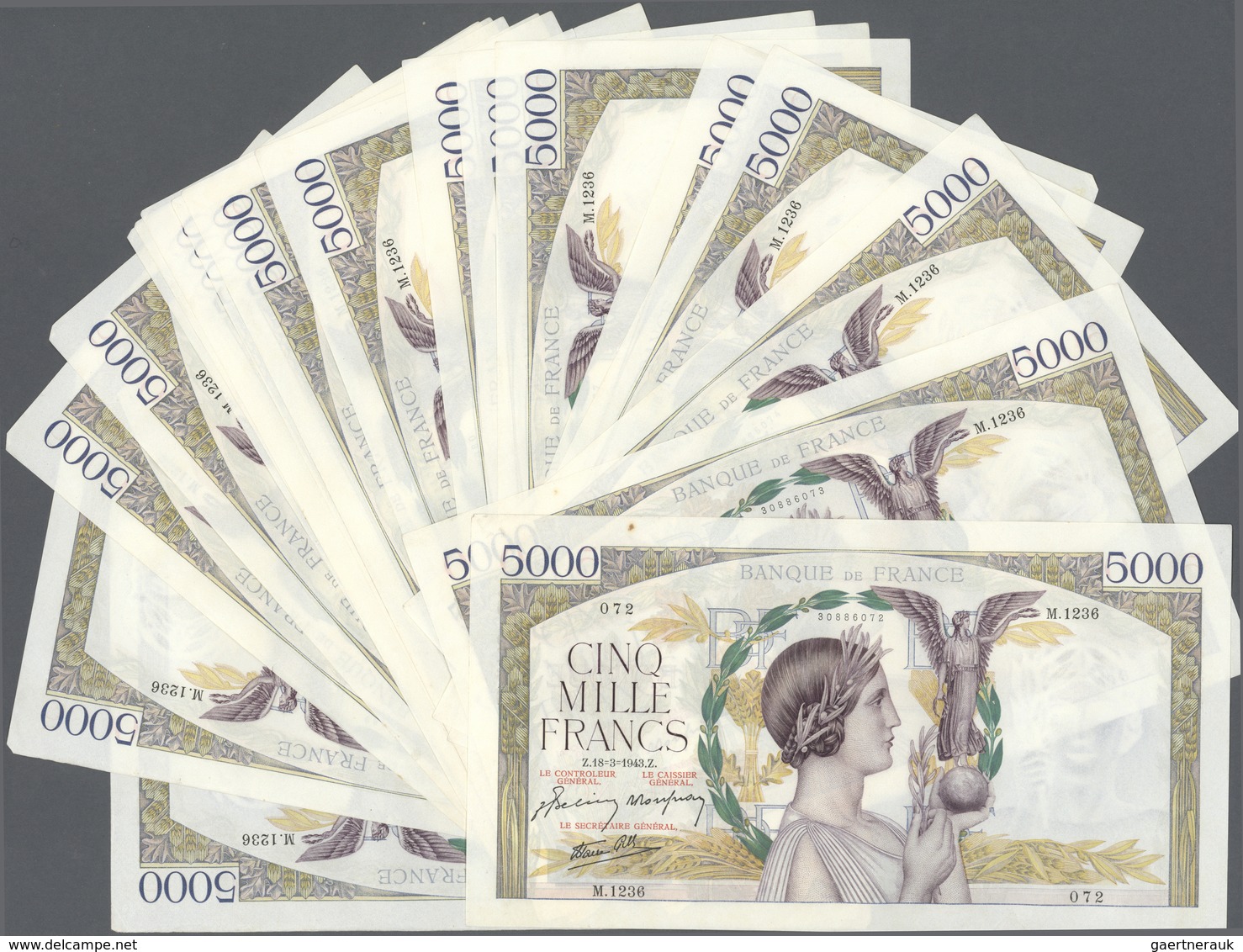 France / Frankreich: Large Lot Of 19 MOSTLY CONSECUTIVE Notes Of 5000 Francs "Victoire" 1943 P. 97 W - Andere & Zonder Classificatie