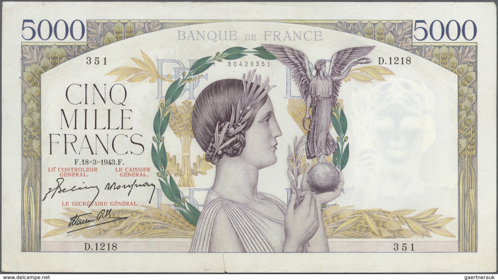 France / Frankreich: Set Of 2 CONSECUTIVE Notes 5000 Francs "Victoire" 1943 P. 97, S/N 30428351 & -3 - Andere & Zonder Classificatie