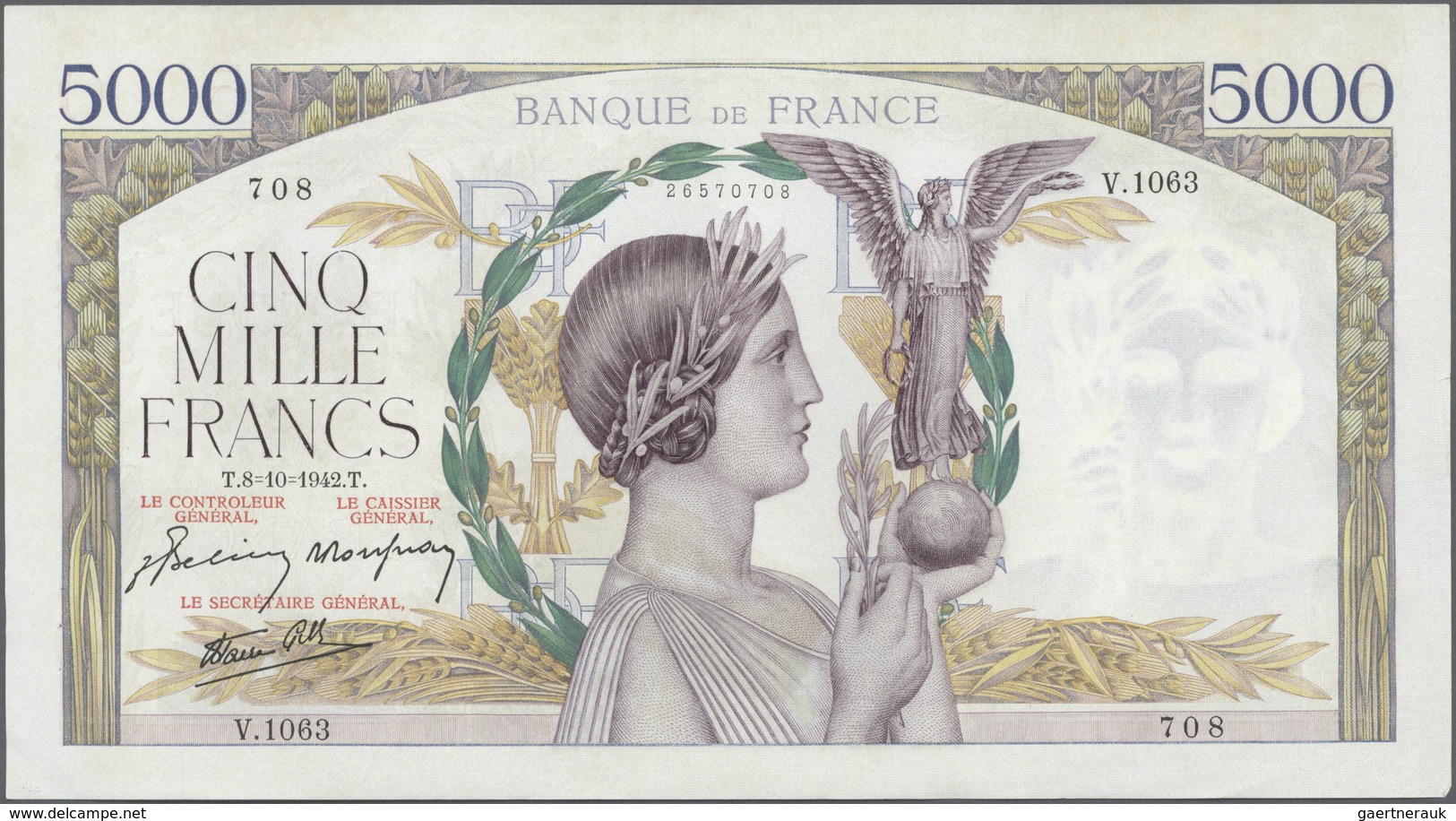 France / Frankreich: large lot of 25 MOSTLY CONSECUTIVE notes of 5000 Francs "Victoire" 1943 P. 97 n