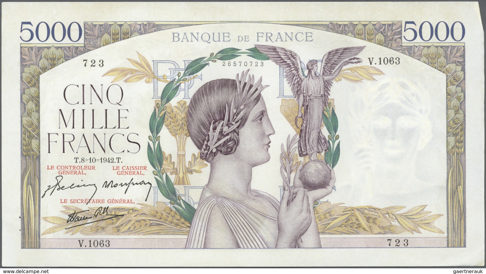 France / Frankreich: large lot of 25 MOSTLY CONSECUTIVE notes of 5000 Francs "Victoire" 1943 P. 97 n