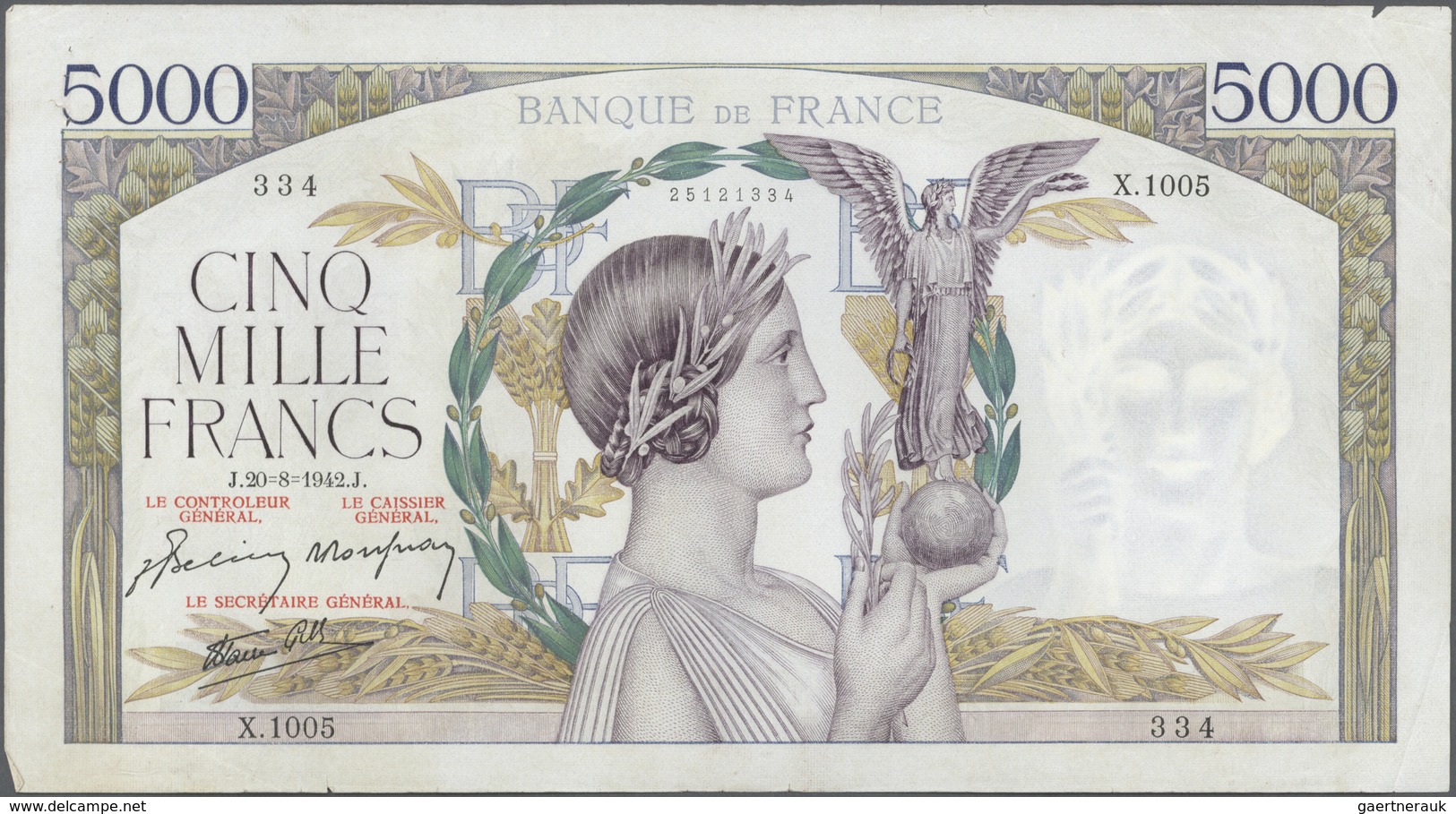 France / Frankreich: Large Lot Of 5 CONSECUTIVE Notes Of 5000 Francs "Victoire" 1942 P. 97 Numbering - Altri & Non Classificati