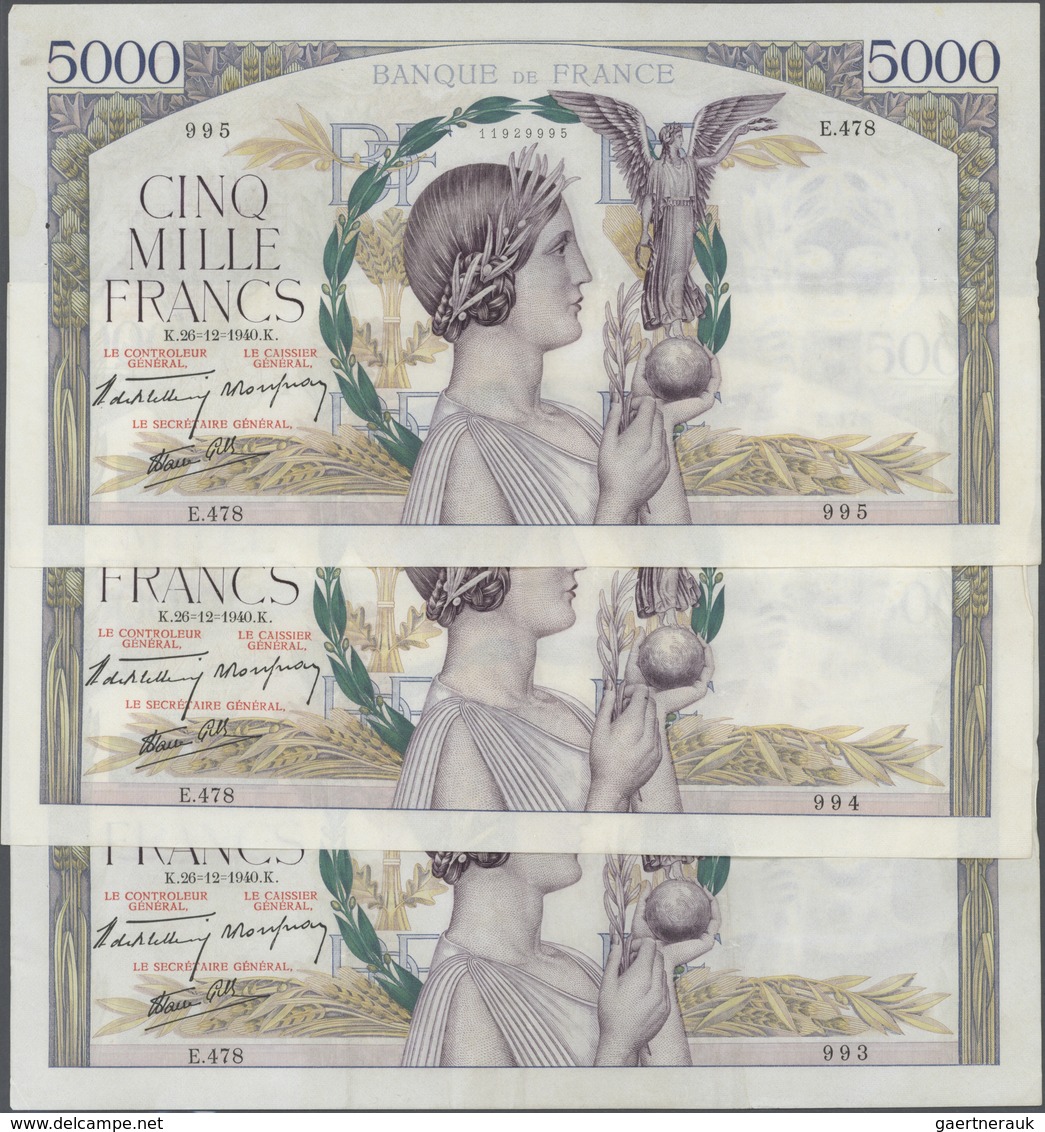 France / Frankreich: Set Of 3 CONSECUTIVE Notes 5000 Francs "Victoire" 1940 P. 97, S/N 11929995 & -9 - Autres & Non Classés