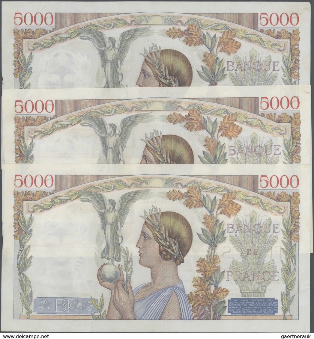 France / Frankreich: Set Of 3 CONSECUTIVE Notes 5000 Francs "Victoire" 1940 P. 97, S/N 11929995 & -9 - Andere & Zonder Classificatie
