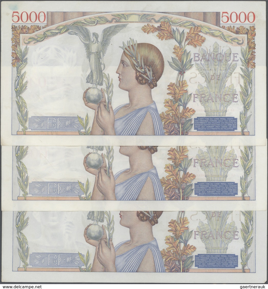 France / Frankreich: Set Of 3 CONSECUTIVE Notes 5000 Francs "Victoire" 1939 P. 97, S/N 06543291 & -3 - Andere & Zonder Classificatie