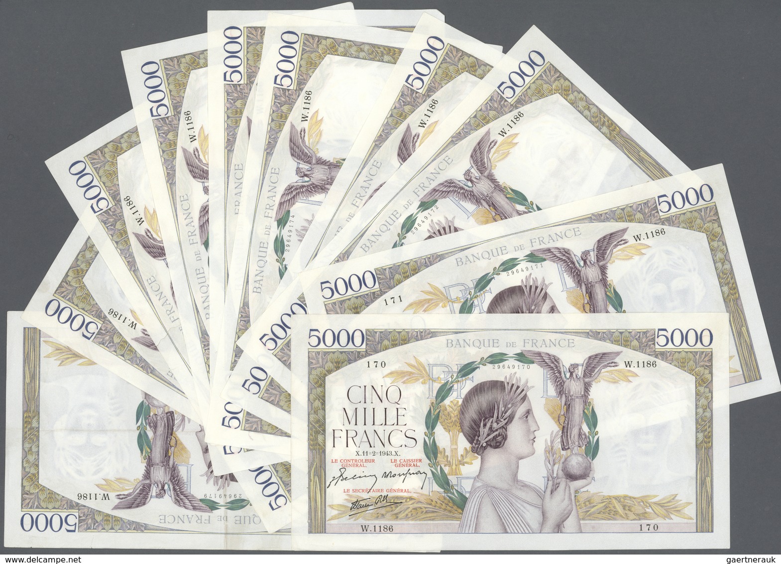 France / Frankreich: Set Of 11 CONSECUTIVE Notes 5000 Francs "Victoire" 1943 P. 97, S/N 29649169 & - - Andere & Zonder Classificatie