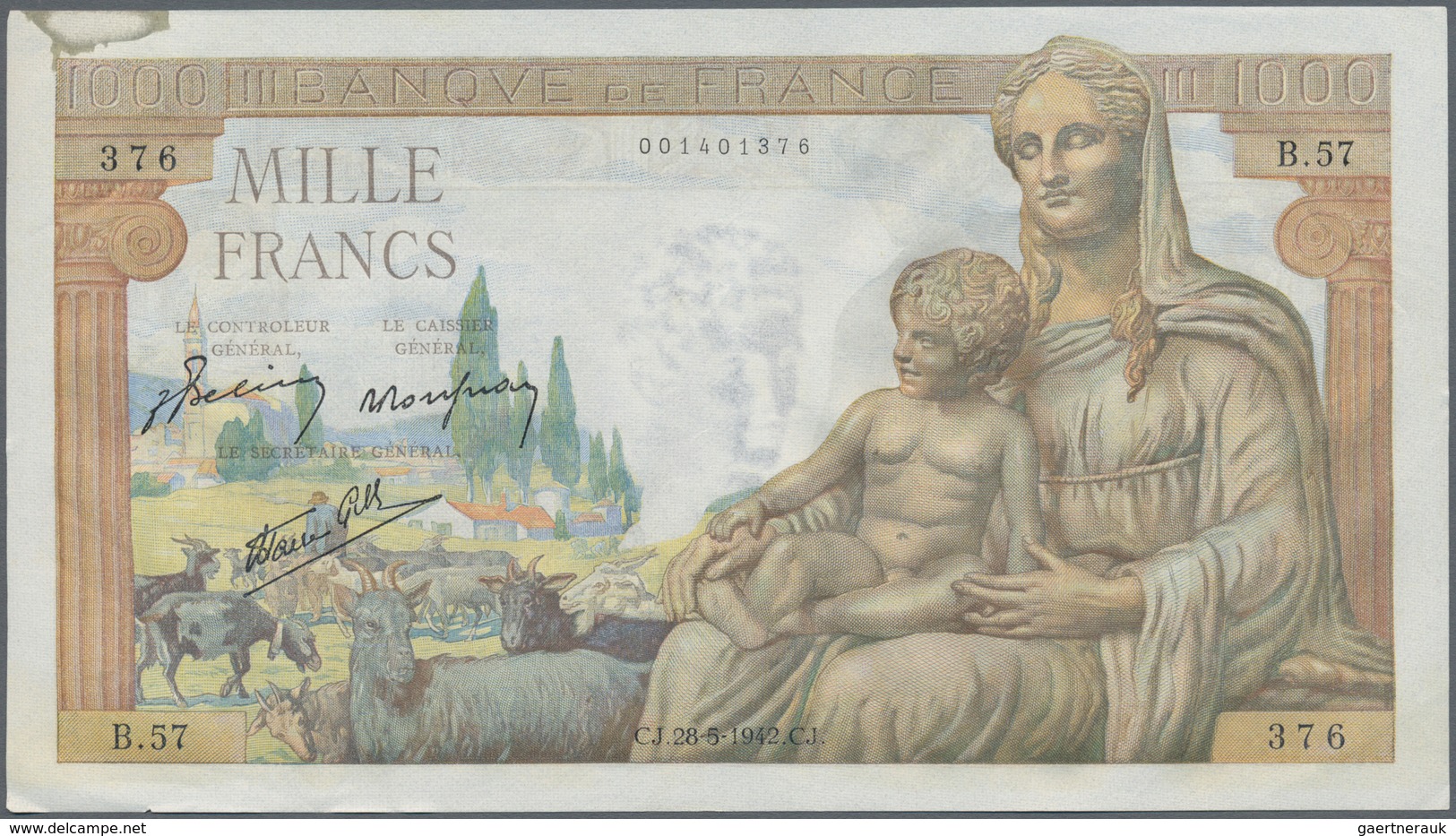 France / Frankreich: set of 14 notes containing CONSECUTIVE sets of 1000 Francs "Demeter" 1943 P. 10
