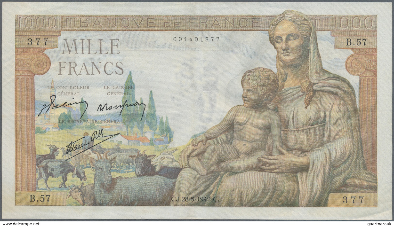 France / Frankreich: set of 14 notes containing CONSECUTIVE sets of 1000 Francs "Demeter" 1943 P. 10