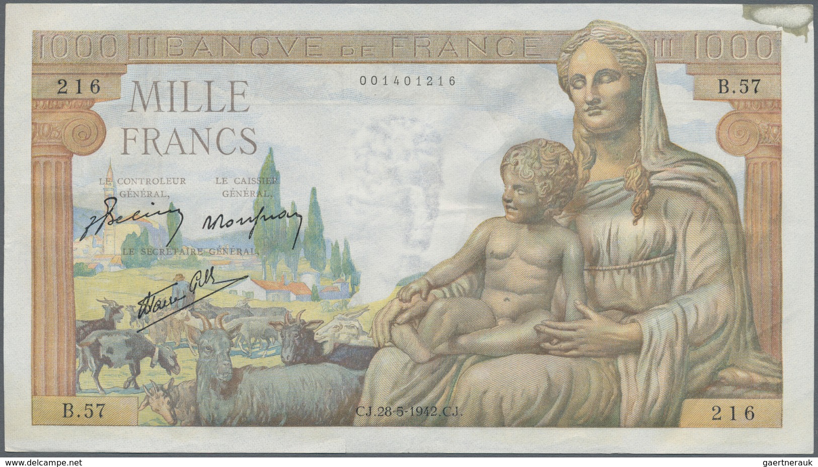 France / Frankreich: set of 14 notes containing CONSECUTIVE sets of 1000 Francs "Demeter" 1943 P. 10