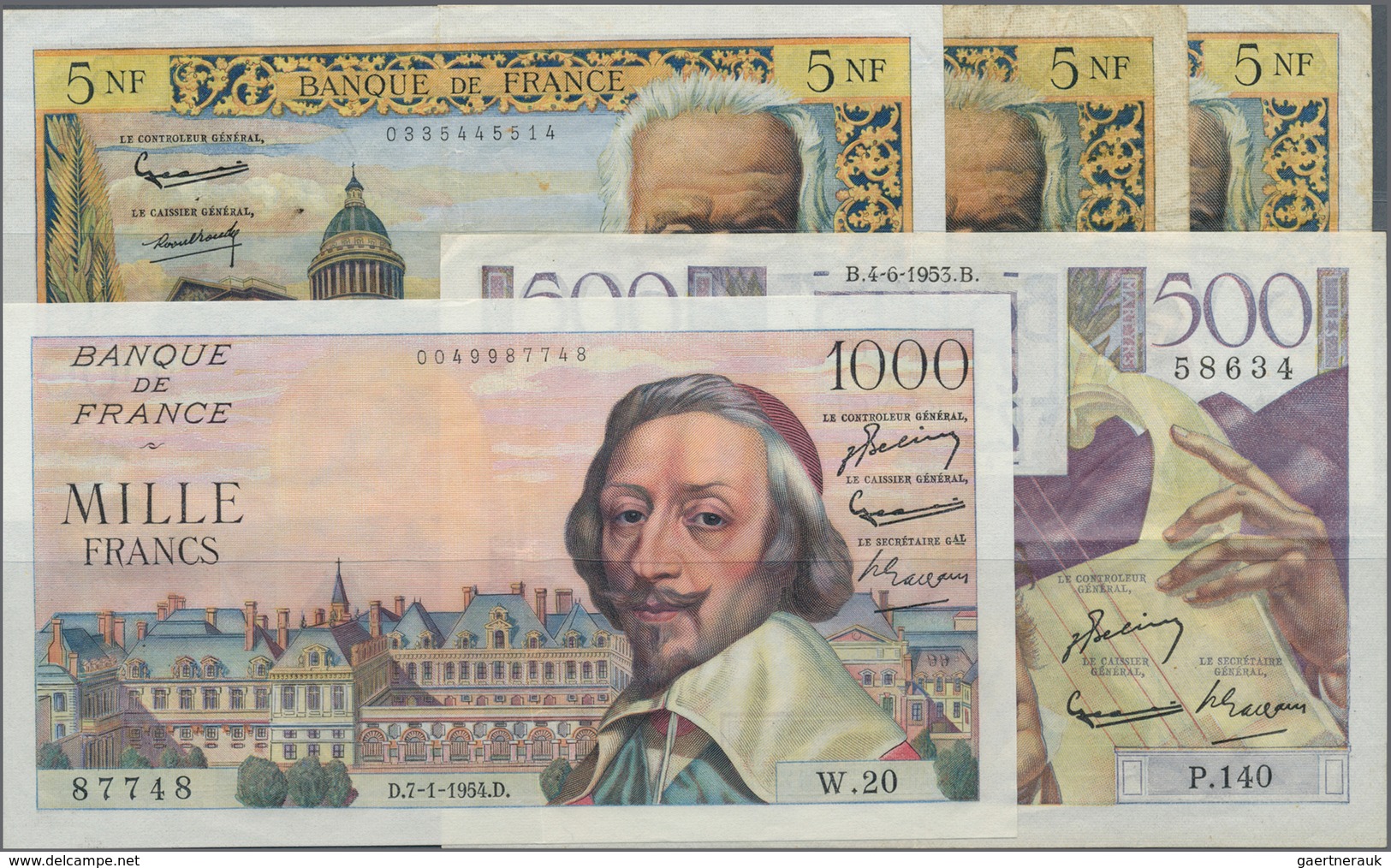 France / Frankreich: Set Of 8 Banknotes Containing 500 Francs 1953 P. 129 (VF+), 1000 Francs 1954 P. - Altri & Non Classificati