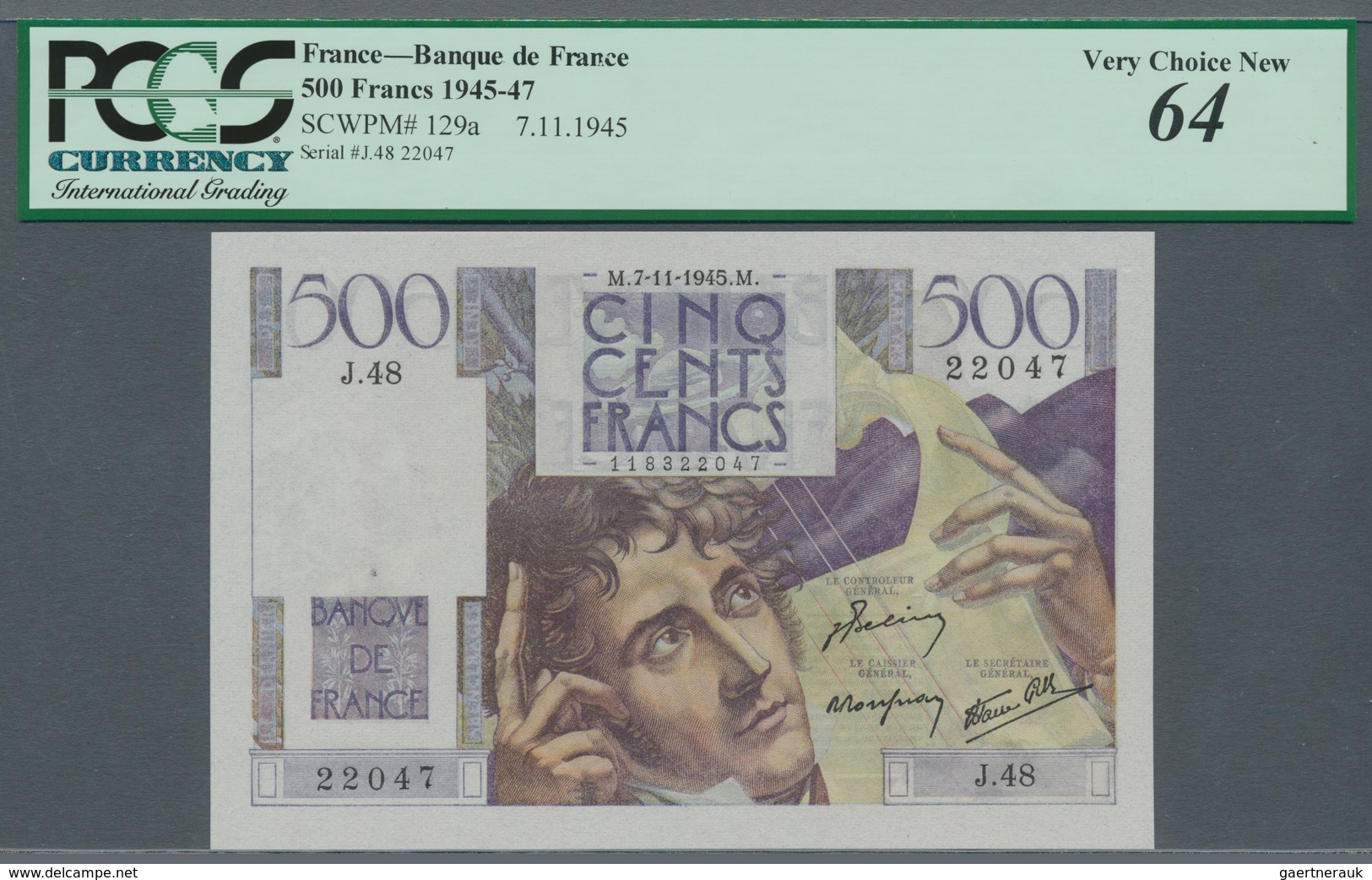 France / Frankreich: 500 Francs 1945 P. 129a, In Condition: PCGS Graded 64. - Andere & Zonder Classificatie