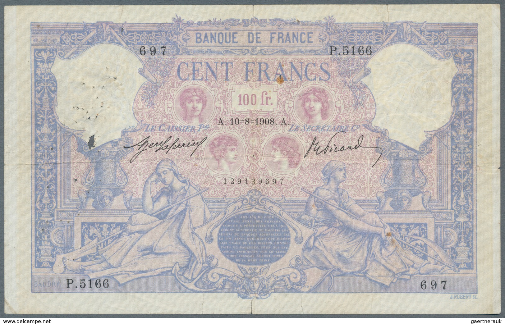 France / Frankreich: 100 Francs 1908 Fay 21.23, Used With Folds And Creases, Many Pinholes, A 3cm Te - Otros & Sin Clasificación