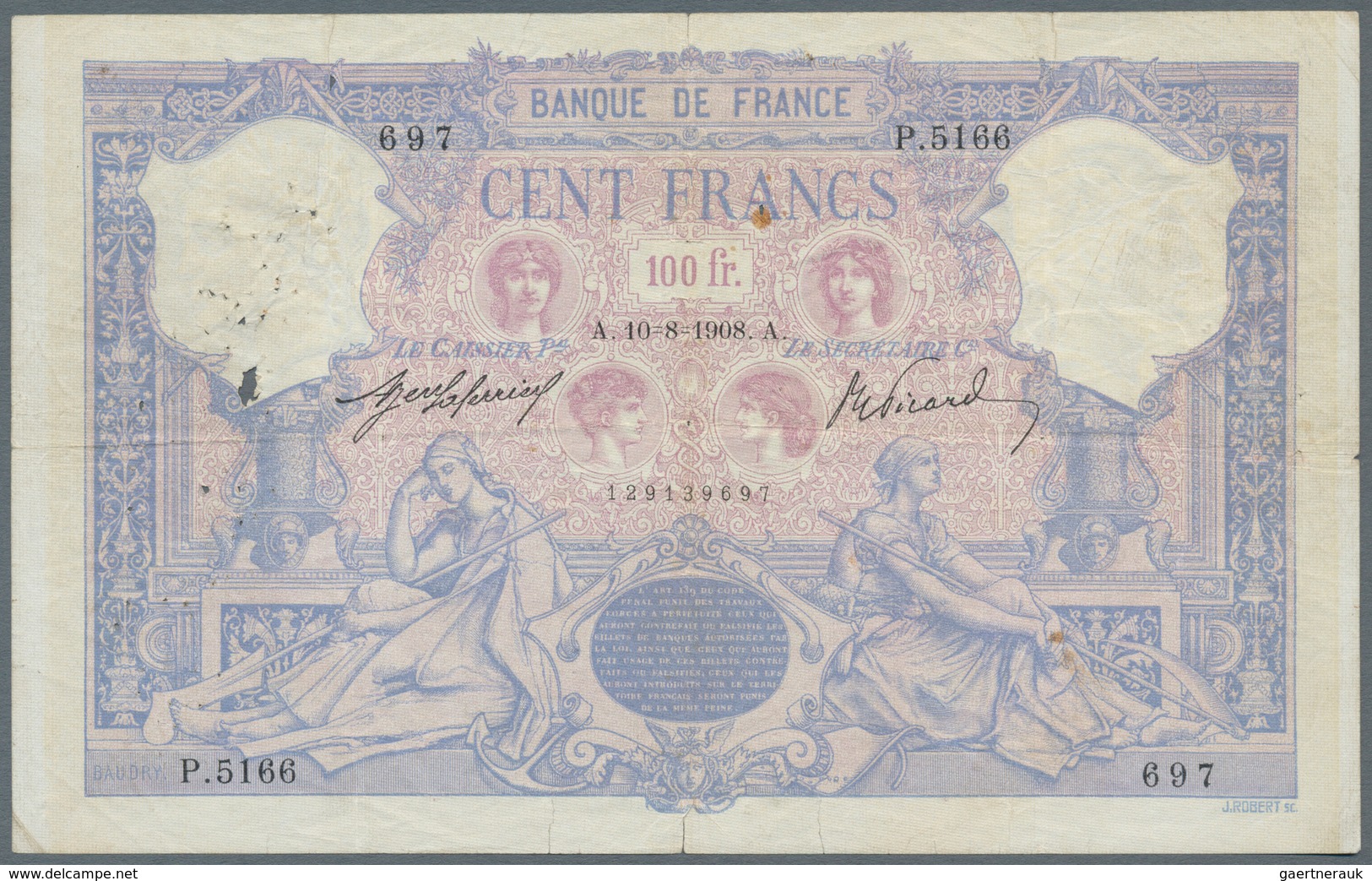 France / Frankreich: 100 Francs 1908 Fay 21.23, Used With Folds And Creases, Many Pinholes, A 3cm Te - Autres & Non Classés