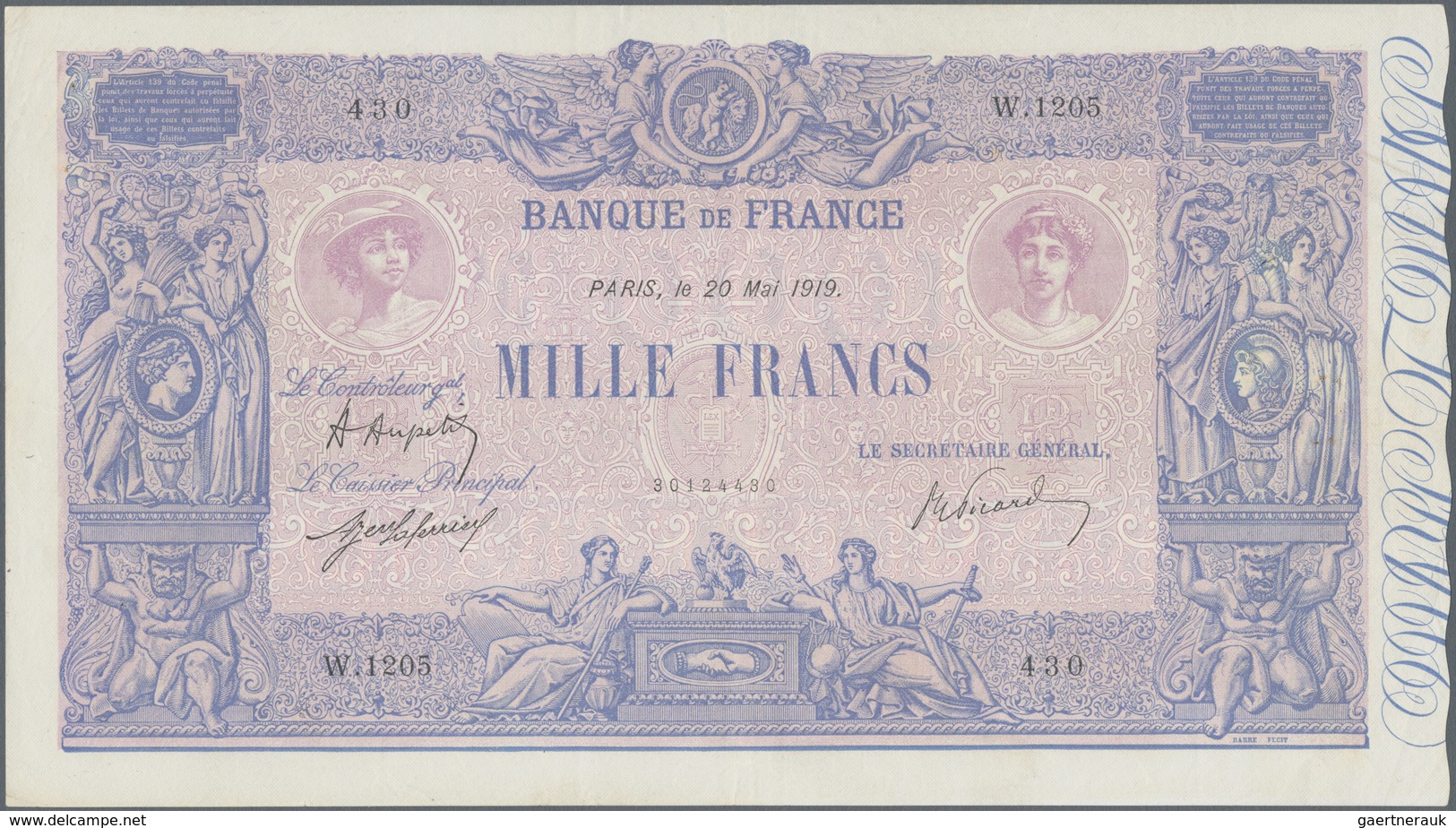 France / Frankreich: 1000 Francs 1919 Fay 36.34, Pressed, Light Folds In Paper, Pinholes, Still Nice - Andere & Zonder Classificatie