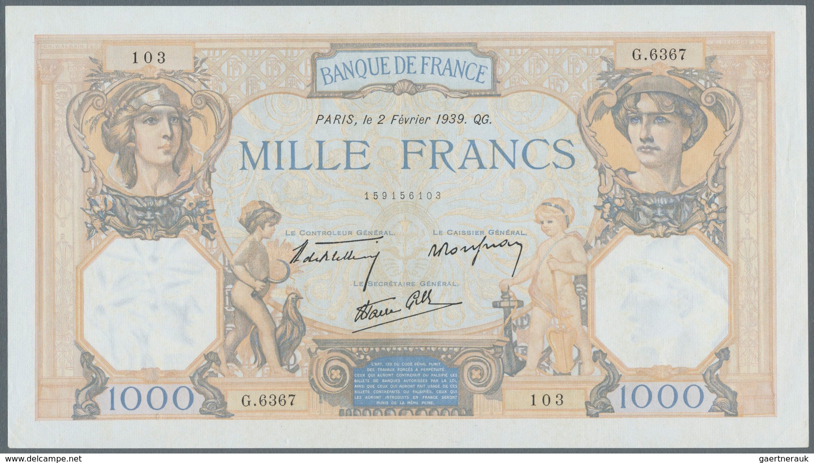 France / Frankreich: 1000 Francs 1939 Fay 38.34, In Condition: VF To VF+. - Sonstige & Ohne Zuordnung