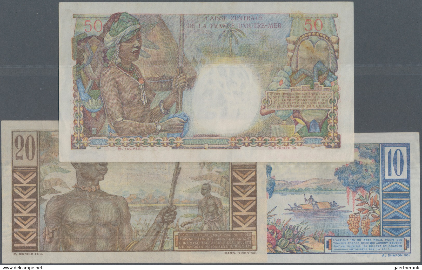 French Equatorial Africa / Französisch-Äquatorialafrika: Set Of 3 Notes Containing 10, 20 & 50 Franc - Aequatorial-Guinea